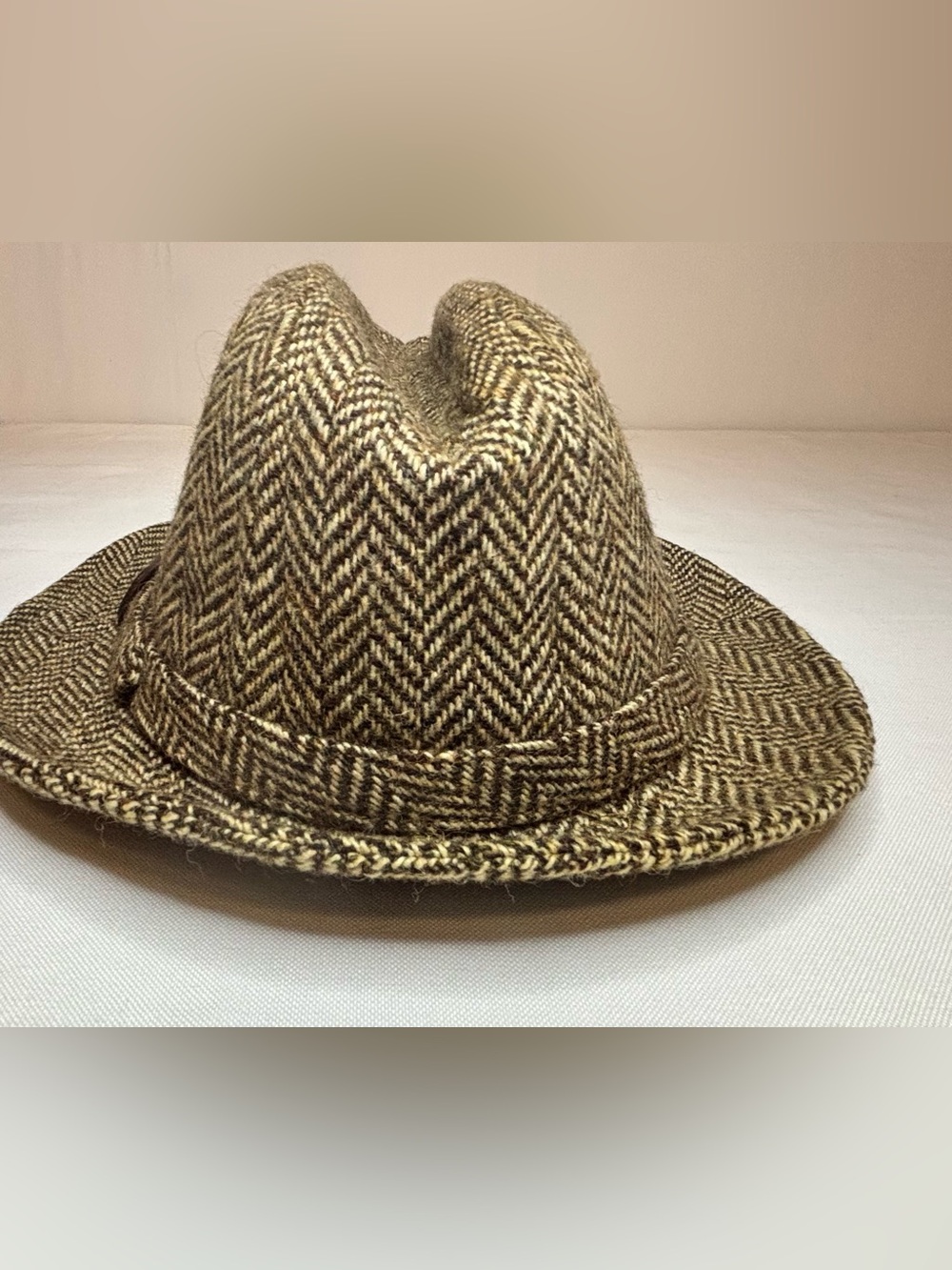 Vintage Stetson Kensington Herringbone Tweed Fedora Hat Brown Wool Blend 7 1/2